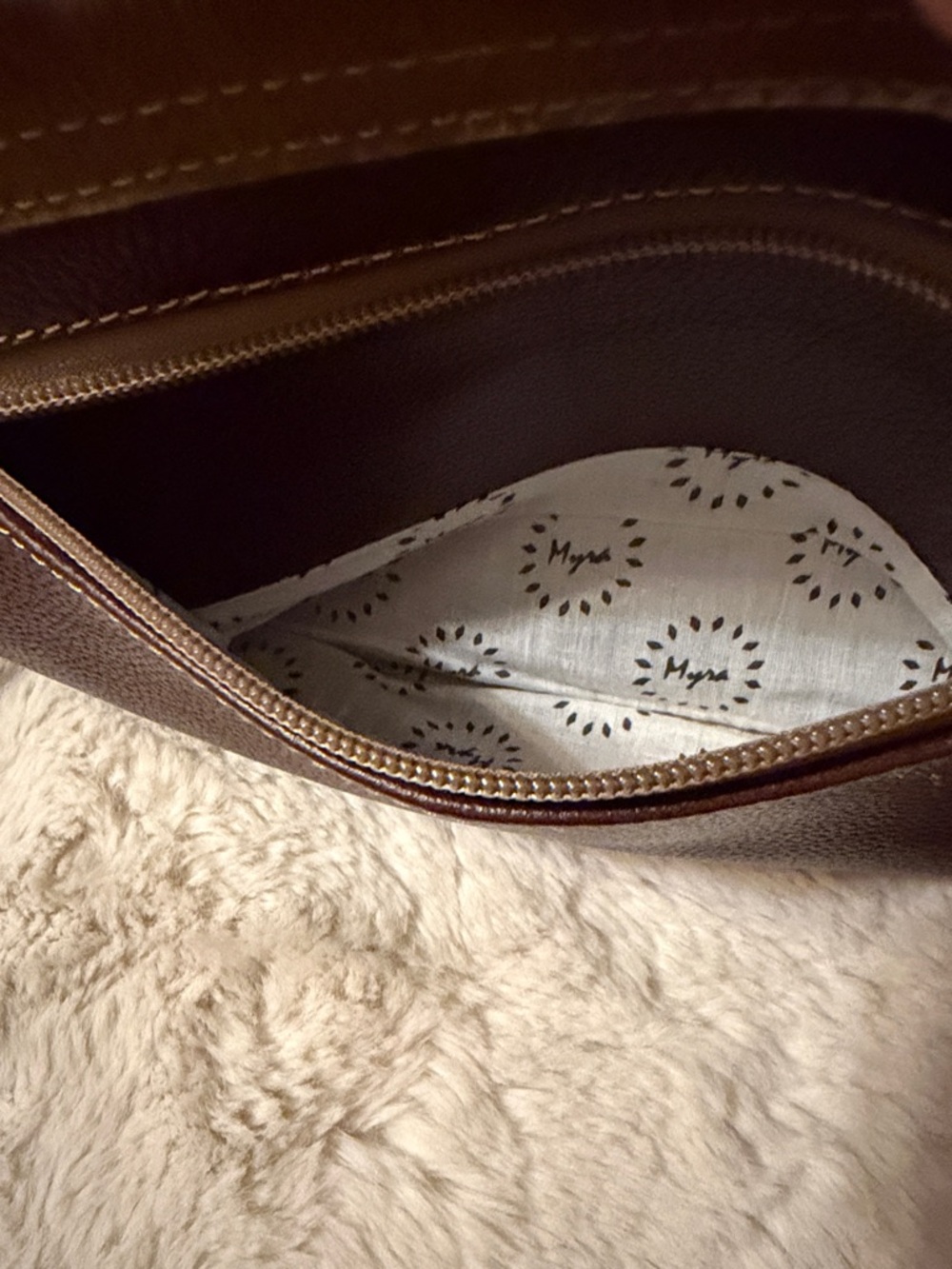 Myra Bag Craved Blossoms Leather Brown & White Hairon Cowhide Flap Crossbody - Picture 9 of 12